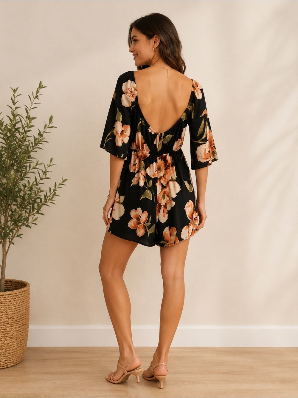 Black Floral Sheer Romper Dress Size L Boho Open Back - Picture 2 of 5
